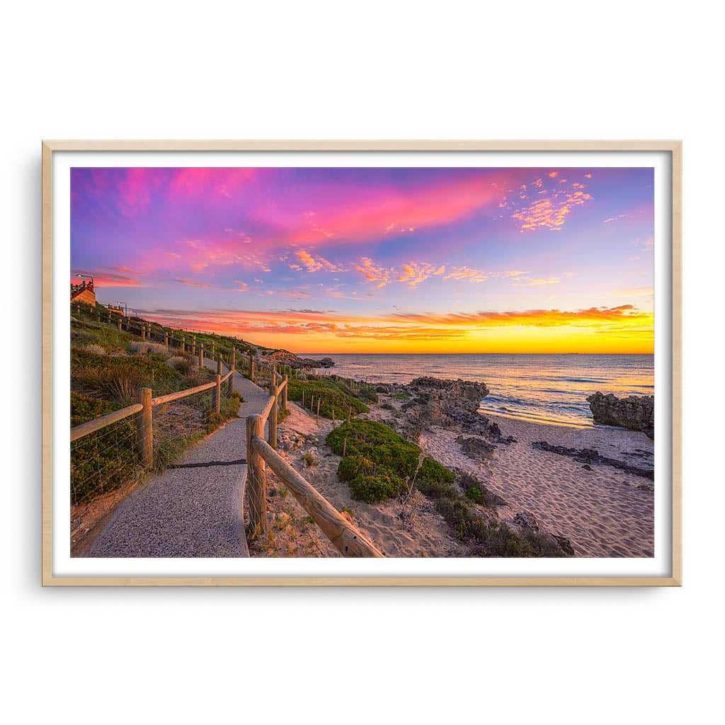 Sunset at Mettams Pool in Perth, Western Australia framed in raw oak