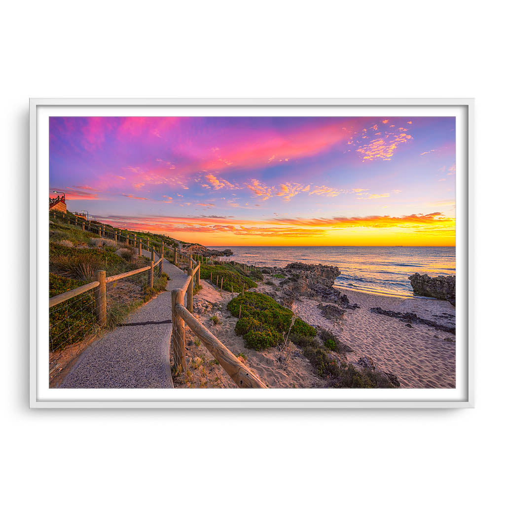 Sunset at Mettams Pool in Perth, Western Australia framed in white