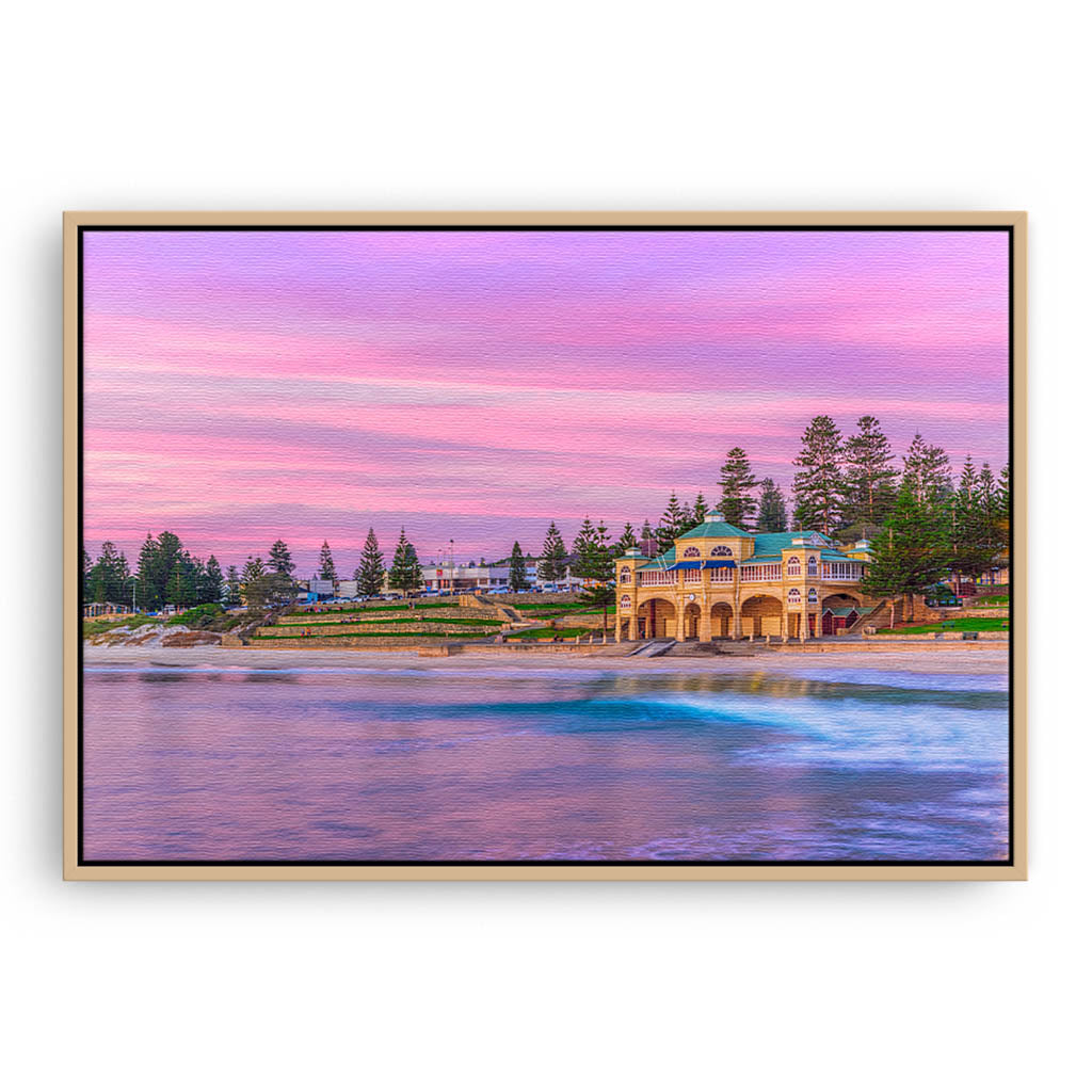Sunset over Cottesloe Beach in Perth, Western Australia framed canvas in raw oak