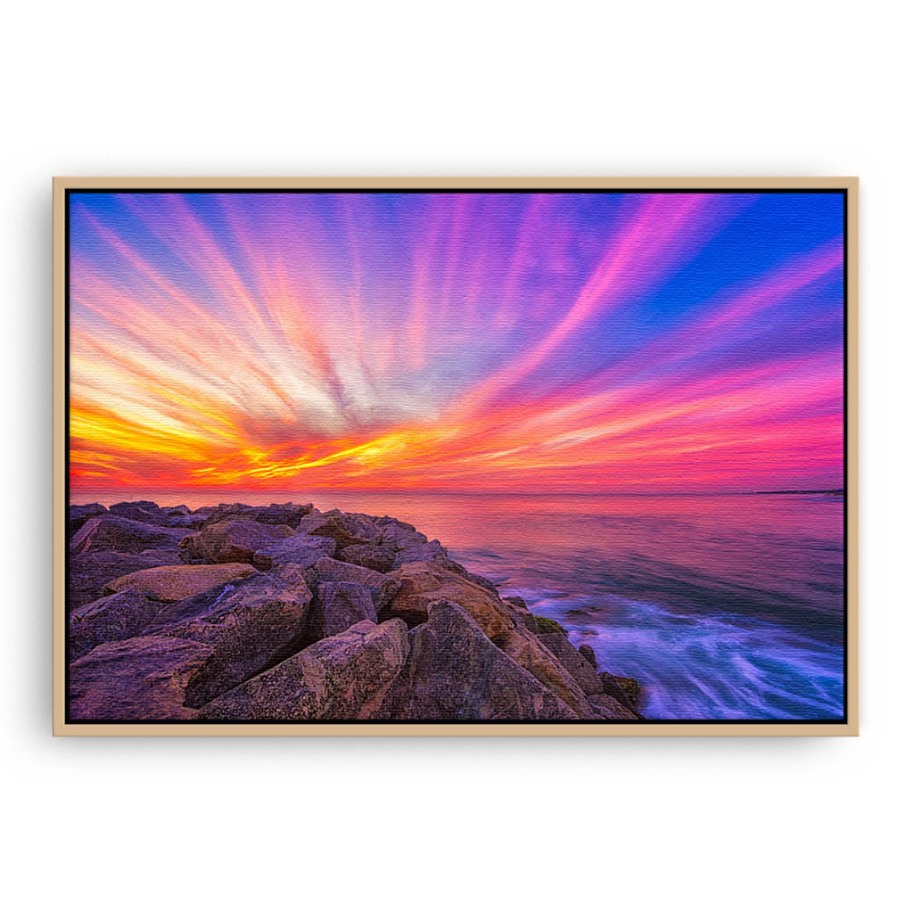 Stunning sunset over Cottesloe Beach in Perth, Western Australia framed canvas in raw oak