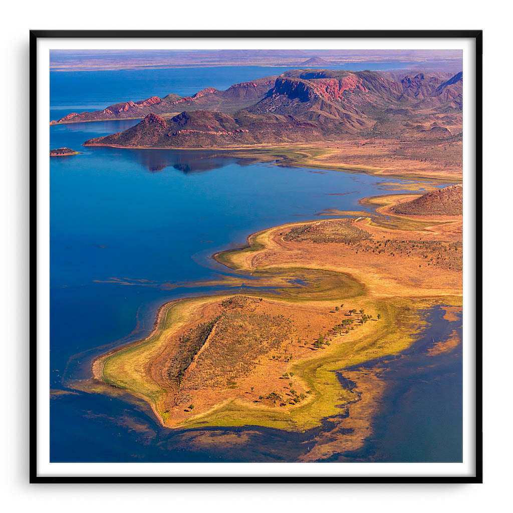 Aerial view of Lake Argyle in the Kimberley, Western Australia framed in black