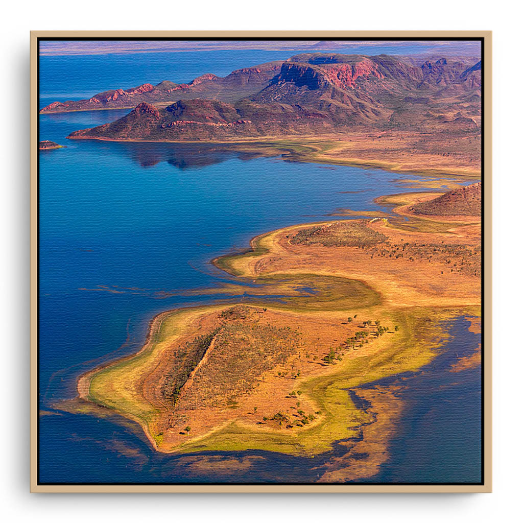 Aerial view of Lake Argyle in the Kimberley, Western Australia framed canvas in raw oak