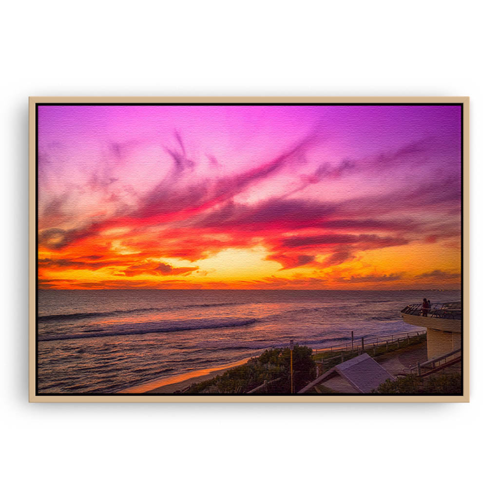 Sunset over Mettams Pool in Perth, Western Australia framed canvas in raw oak