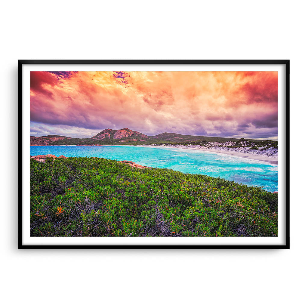 Cloudy skies over Hellfire Bay in Esperance, Western Australia framed in black