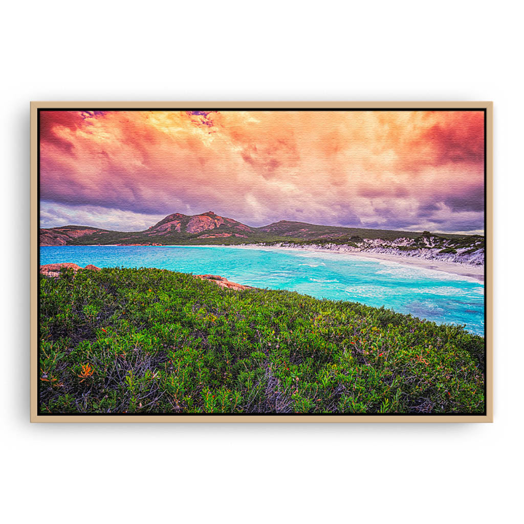 Cloudy skies over Hellfire Bay in Esperance, Western Australia framed canvas in raw oak