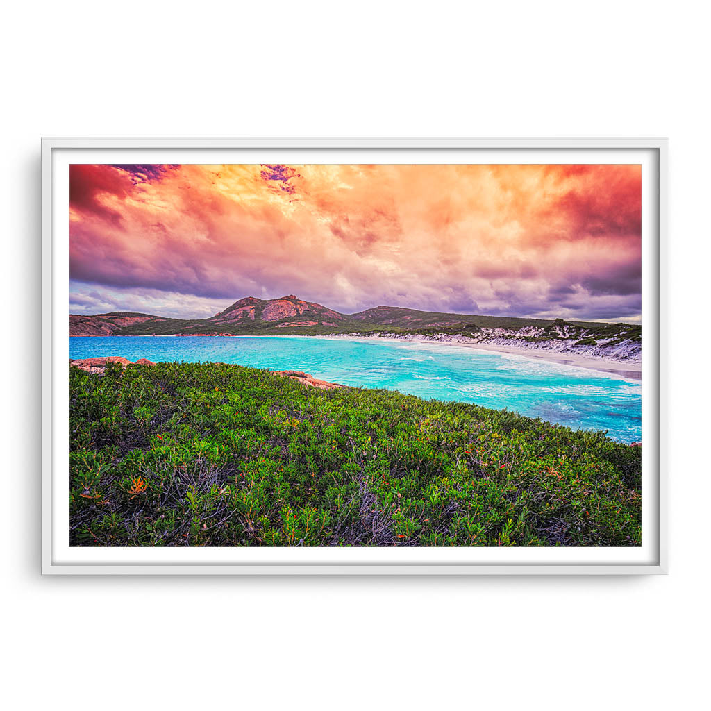 Cloudy skies over Hellfire Bay in Esperance, Western Australia framed in white