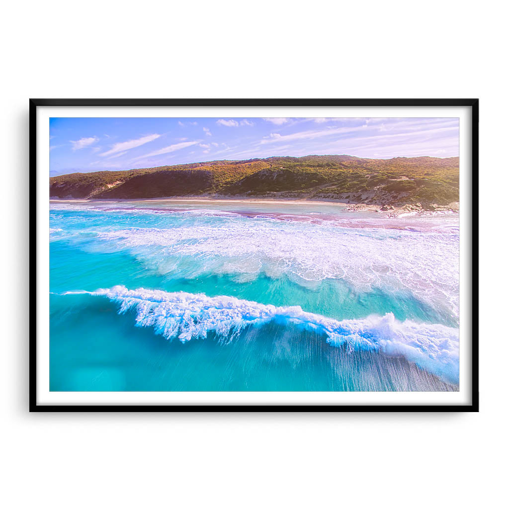 Drone image of surf break at 11 mile beach in Esperance, Western Australia framed in black