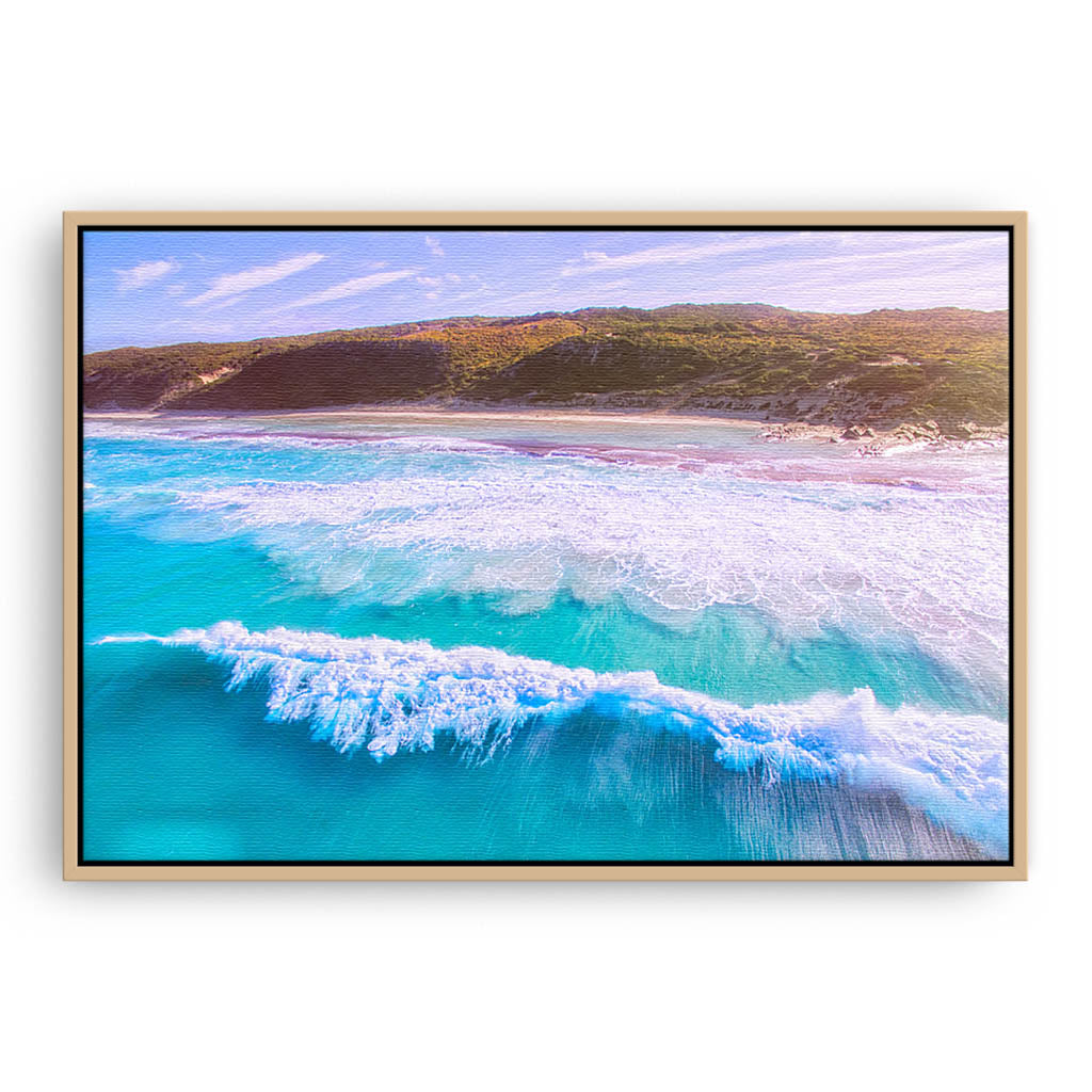 Drone image of surf break at 11 mile beach in Esperance, Western Australia framed canvas in raw oak