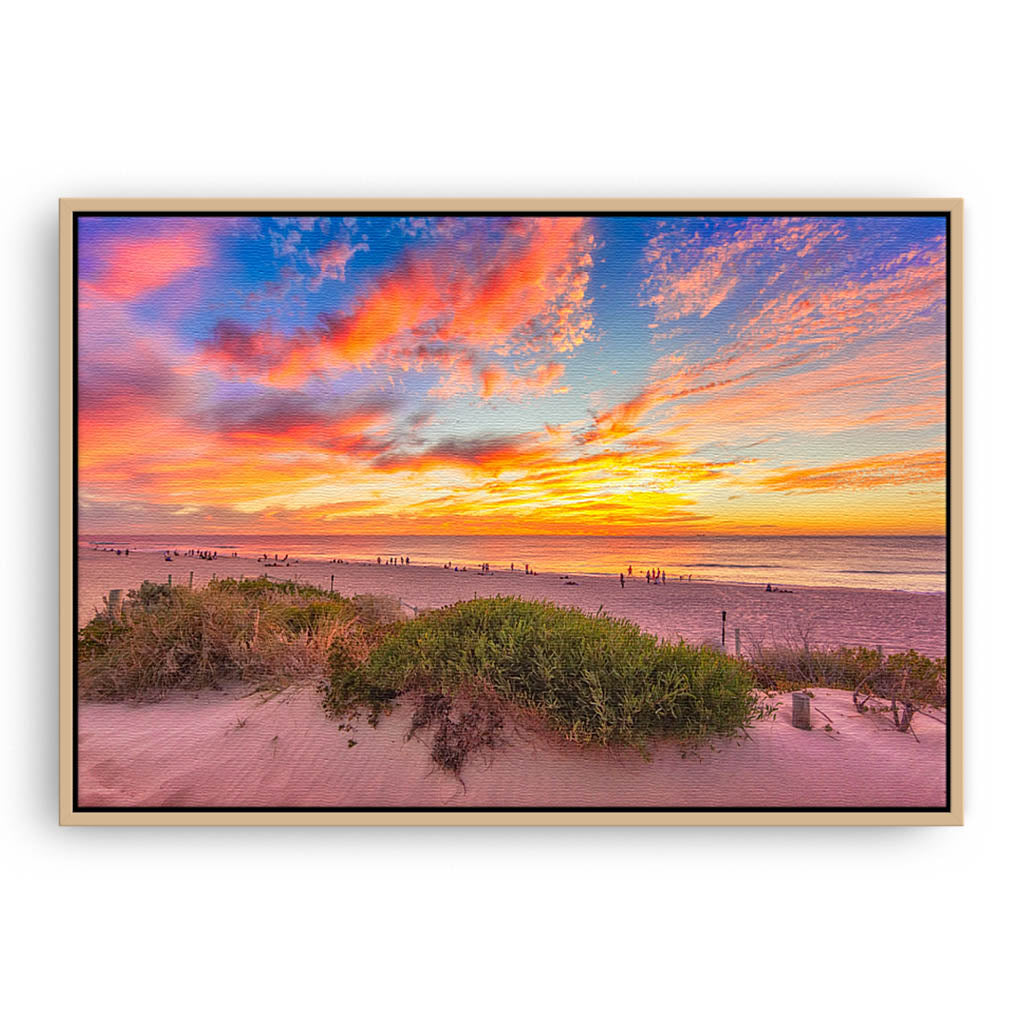 Summer sunsets over Scarborough Beach in Perth, Western Australia framed canvas in raw oak