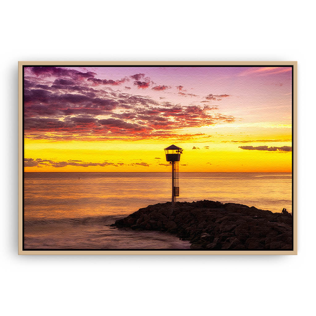 winter sunset at city beach in Perth, Western Australia framed canvas in raw oak