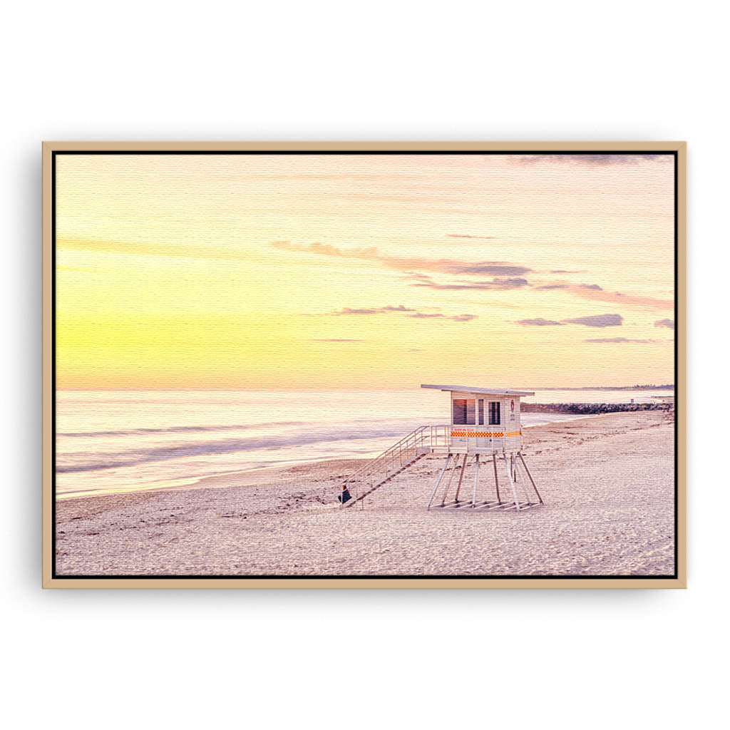 A calming sunset at City Beach in Perth, Western Australia framed canvas in raw oak
