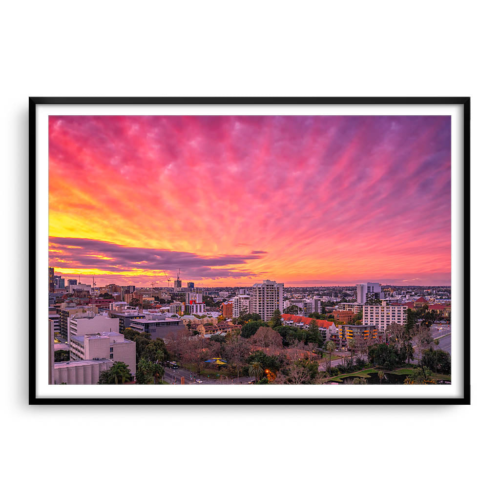 Sunset over East Perth in Western Australia framed in black