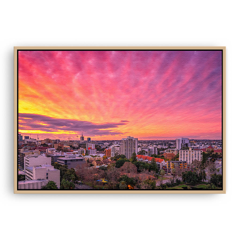 Sunset over East Perth in Western Australia framed canvas in raw oak