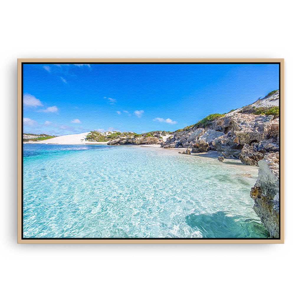 Beautiful blue waters at Sandy Cape on the Coral Coast of Western Australia framed canvas in raw oak