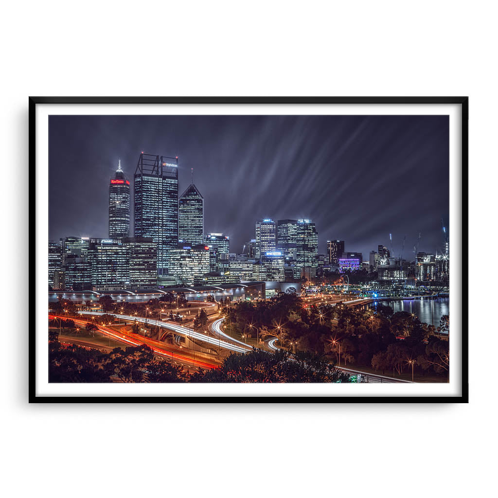 Perth City on a winters night, Western Australia framed in black