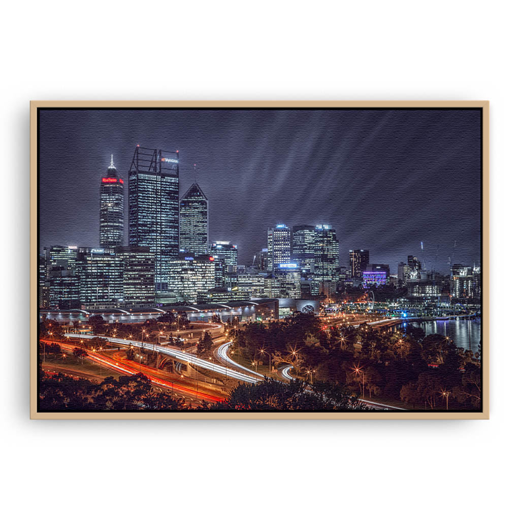 Perth City on a winters night, Western Australia framed canvas in raw oak