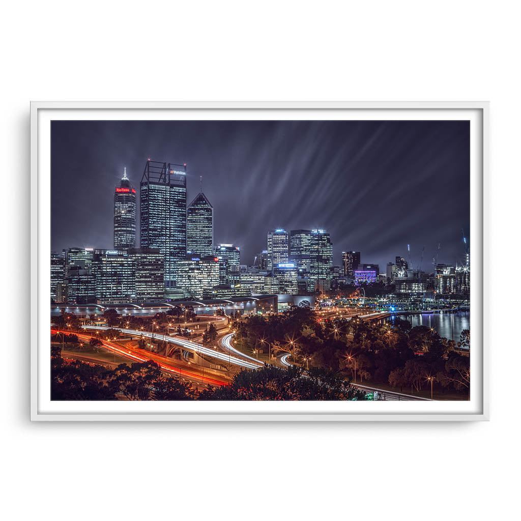 Perth City on a winters night, Western Australia framed in white