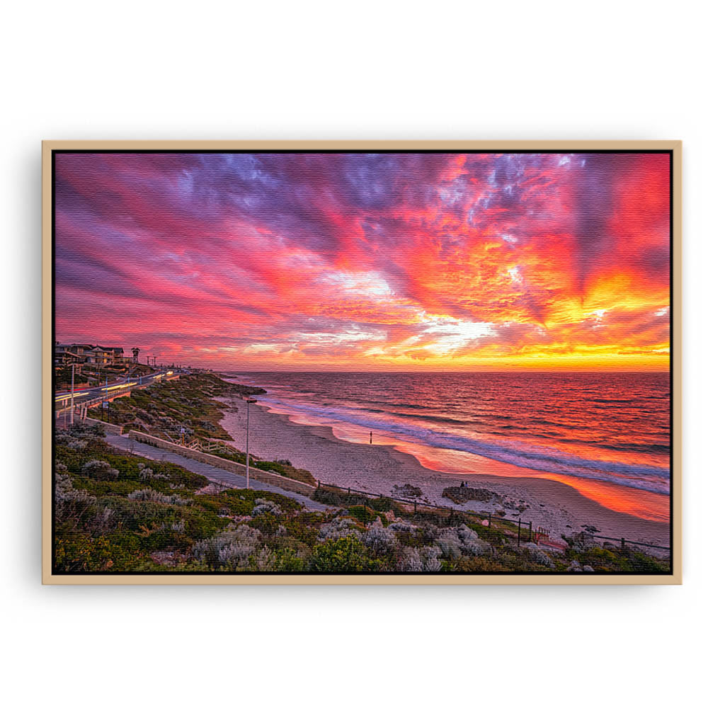 Stunning sunset over North Beach in Perth, Western Australia framed canvas in raw oak