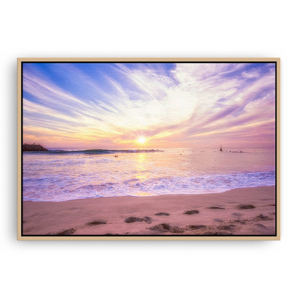Soft pastel sunset over Cottesloe in Western Australia framed canvas in raw oak