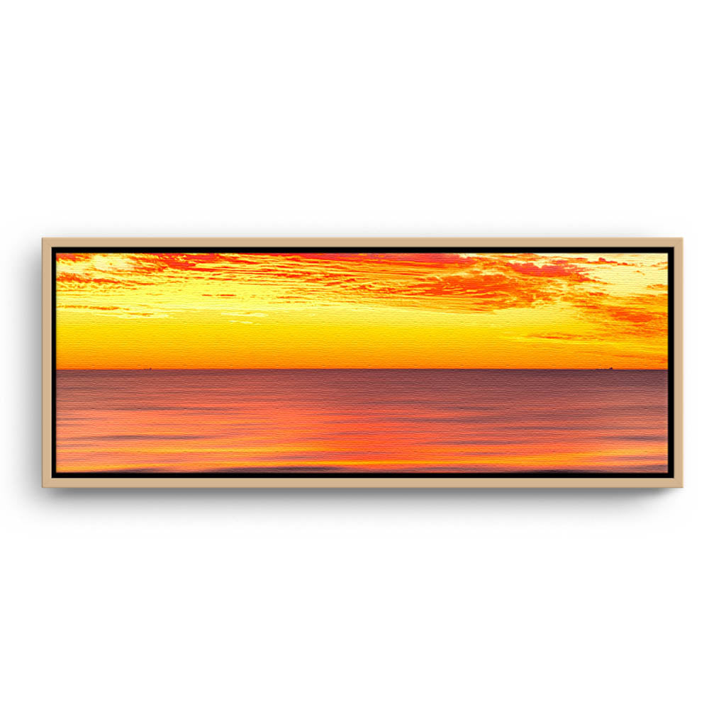 Golden skies over the ocean in Perth, Western Australia framed canvas in raw oak