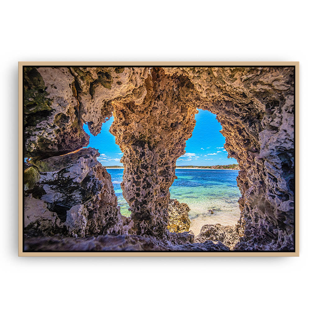 Natures windows at Sandy Cape in Western Australia framed canvas in raw oak