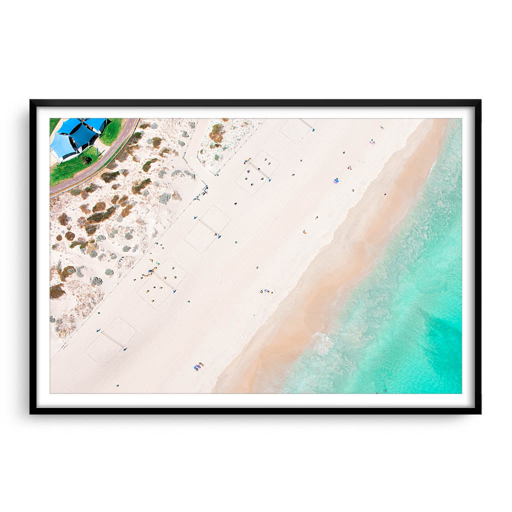 Aerial view of Scarborough Beach in Western Australia framed in black