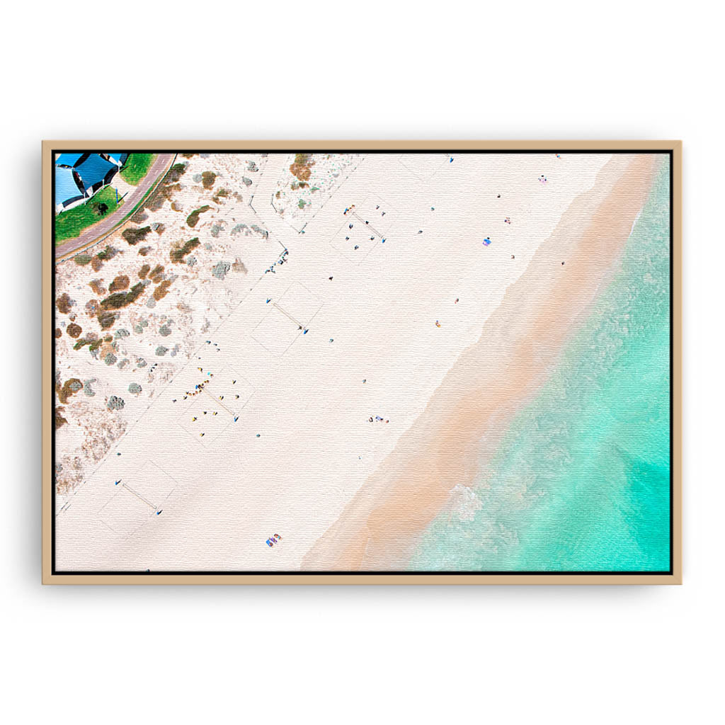 Aerial view of Scarborough Beach in Western Australia framed canvas in raw oak