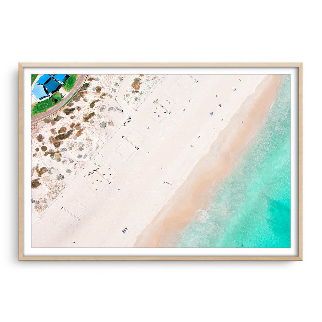 Aerial view of Scarborough Beach in Western Australia framed in raw oak