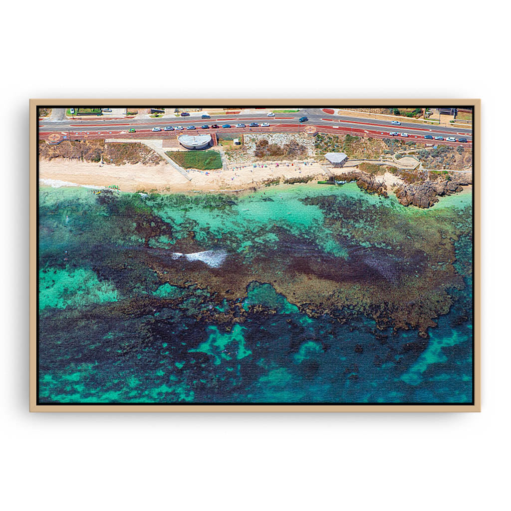 Aerial view of the reef at Mettams Pool in Perth, Western Australia framed canvas in raw oak