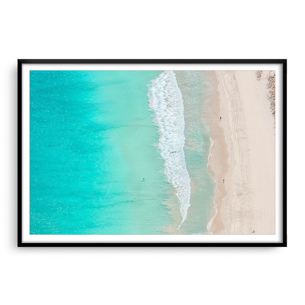 Aerial view of surfers at Trigg Beach in Perth, Western Australia framed in black