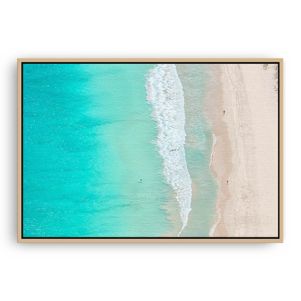 Aerial view of surfers at Trigg Beach in Perth, Western Australia framed canvas in raw oak