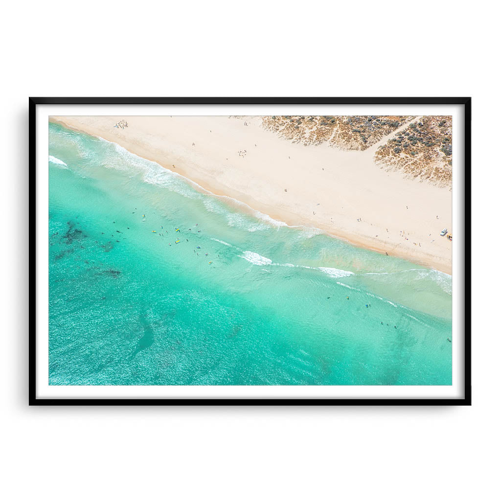 Aerial view of surf school at Trigg Beach, Perth, Western Australia framed in black