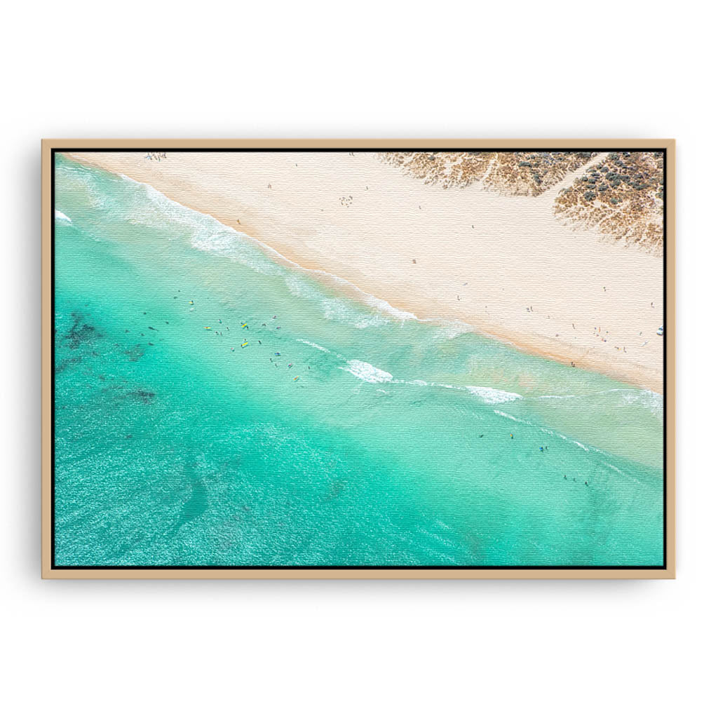 Aerial view of surf school at Trigg Beach, Perth, Western Australia framed canvas in raw oak