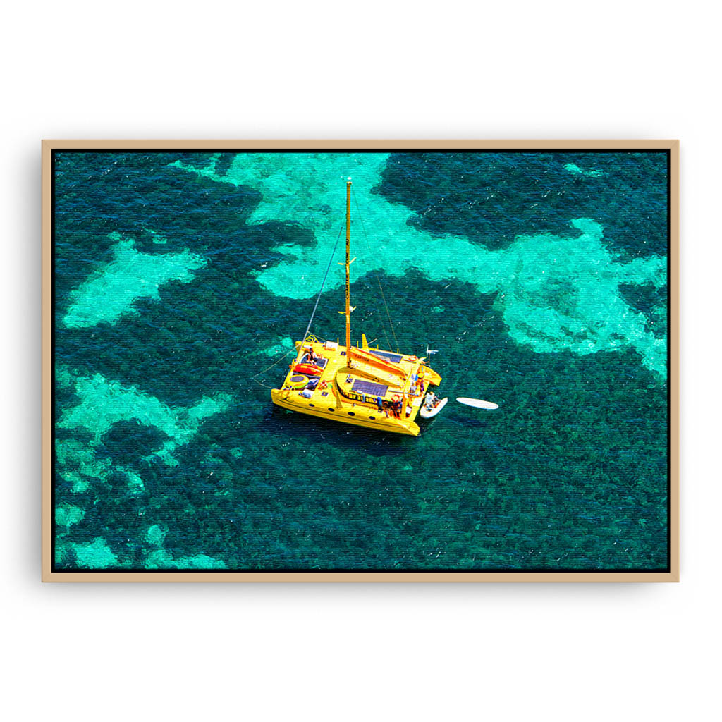 Aerial view of Capella Catamaran at Rottnest, Western Australia framed canvas in raw oak