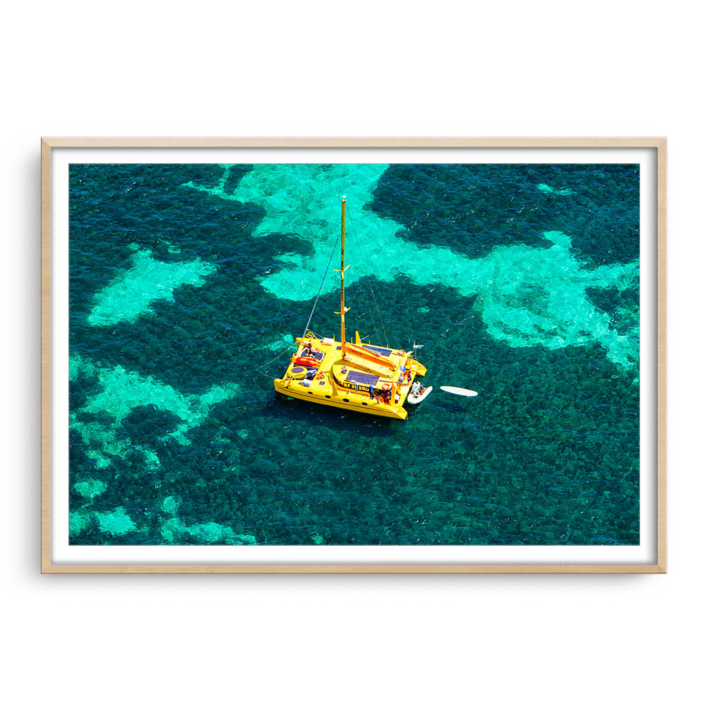 Aerial view of Capella Catamaran at Rottnest, Western Australia framed in raw oak