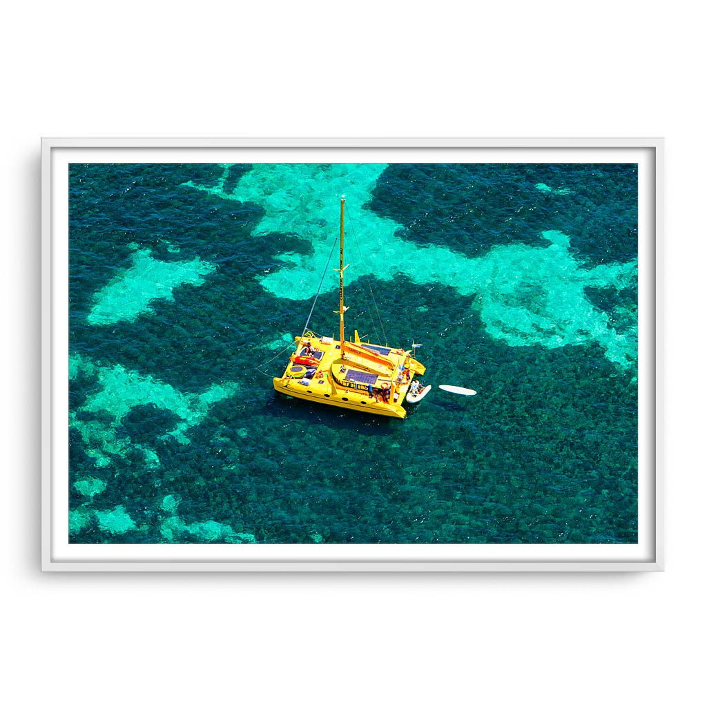 Aerial view of Capella Catamaran at Rottnest, Western Australia framed in white