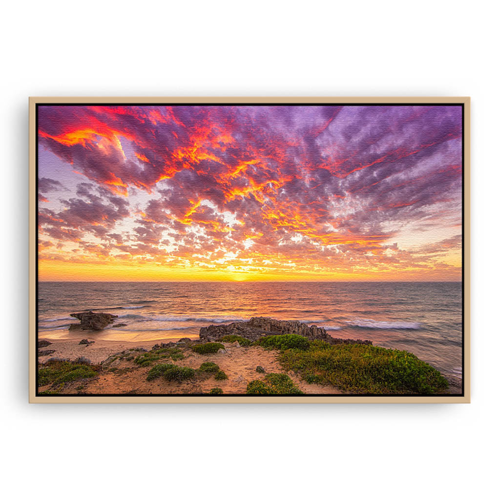 Sunset at Bennion Beach in Perth, Western Australia framed canvas in raw oak