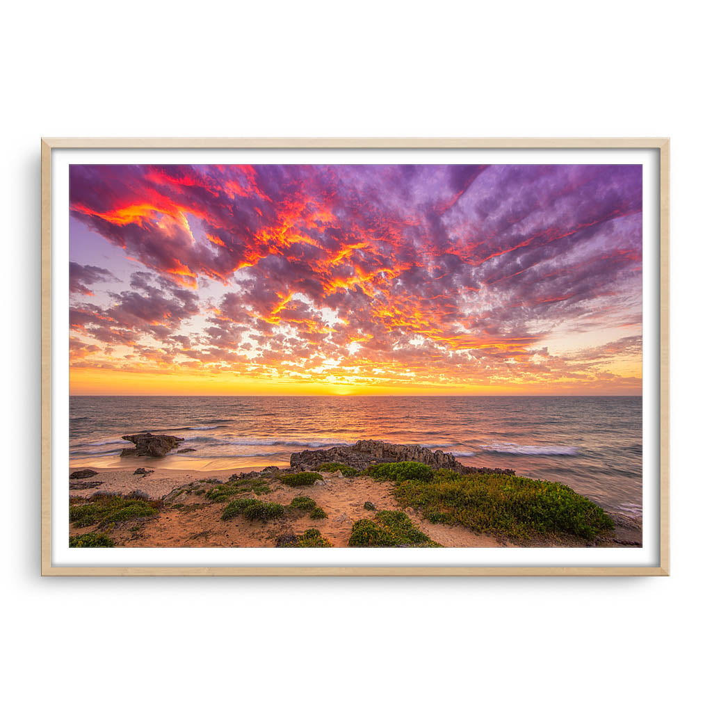 Sunset at Bennion Beach in Perth, Western Australia framed in raw oak