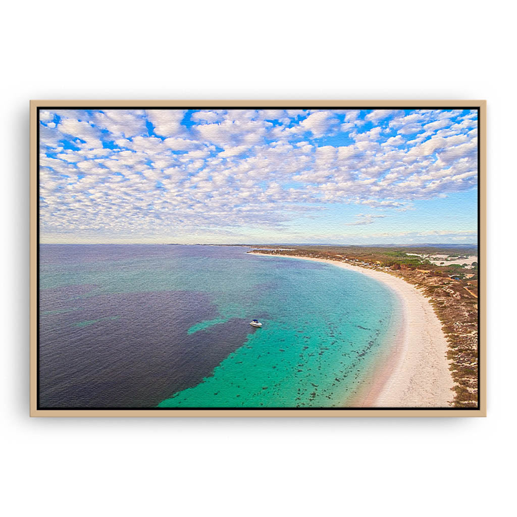 Aerial view of Sandy Cape in Western Australia framed canvas in raw oak