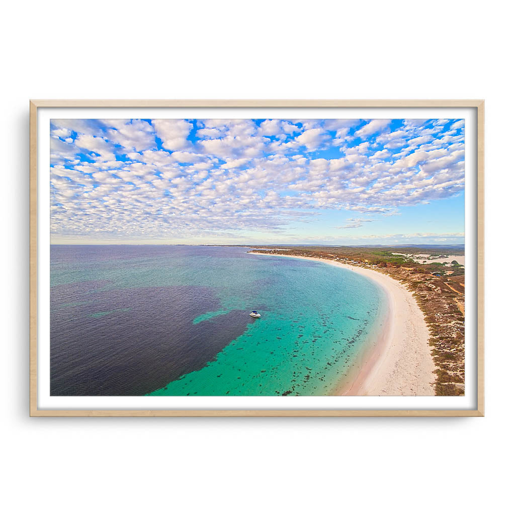 Aerial view of Sandy Cape in Western Australia framed in raw oak