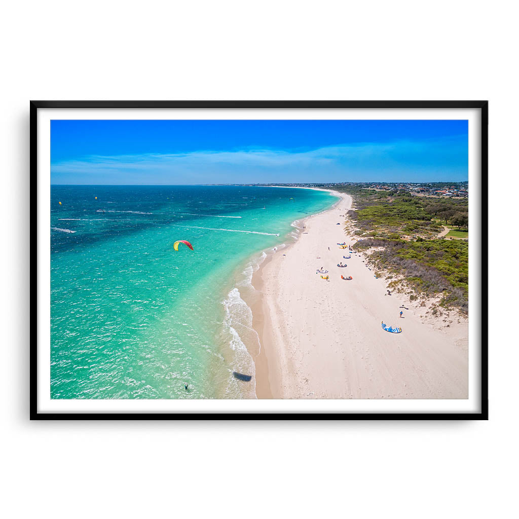 Aerial view of kitesurfers in Perth, Western Australia framed in black