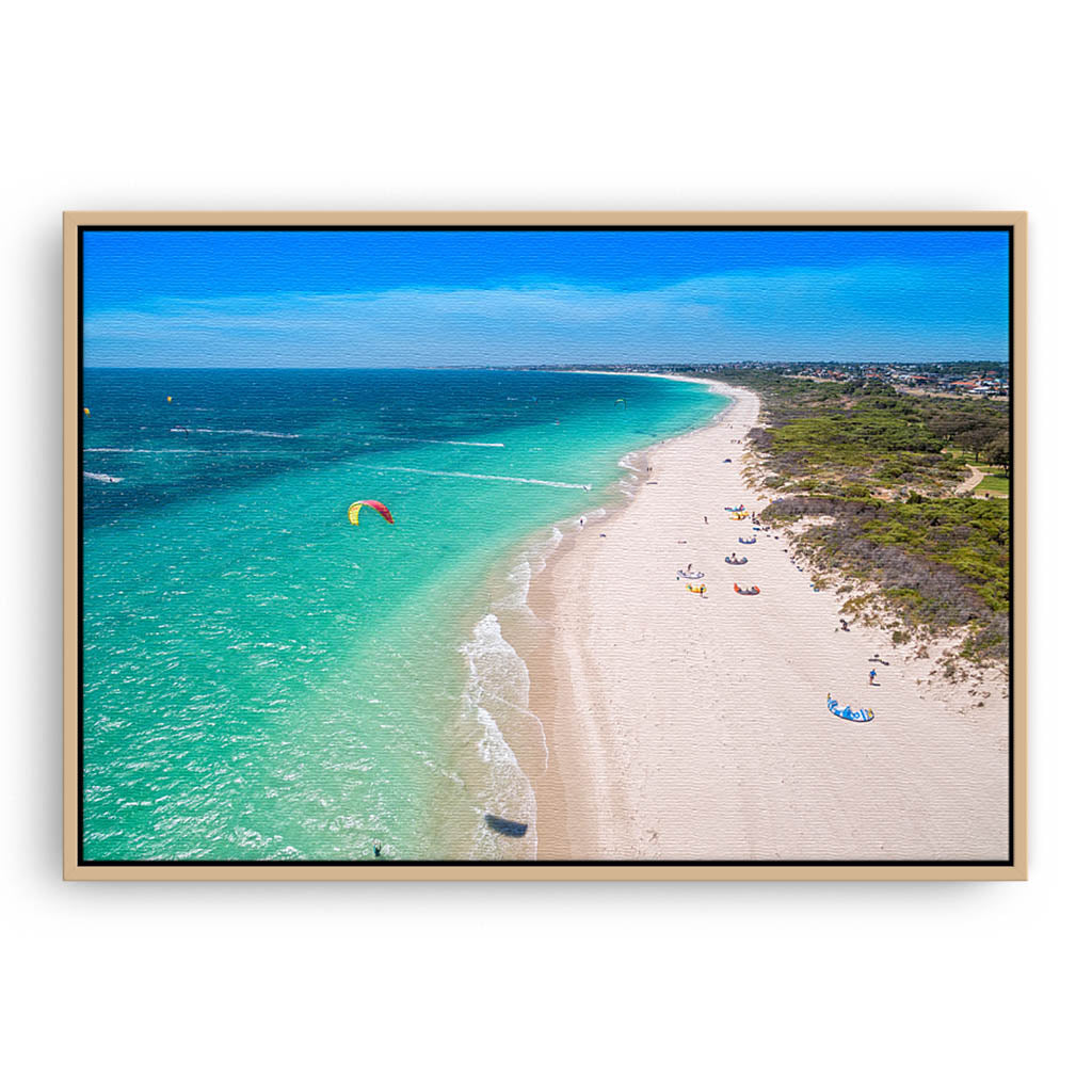 Aerial view of kitesurfers in Perth, Western Australia framed canvas in raw oak