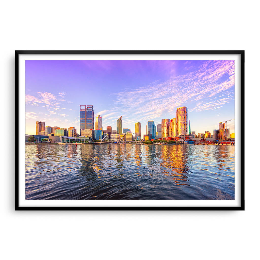 Perth city from the Swan River glowing in the afternoon sun, Western Australia framed in black