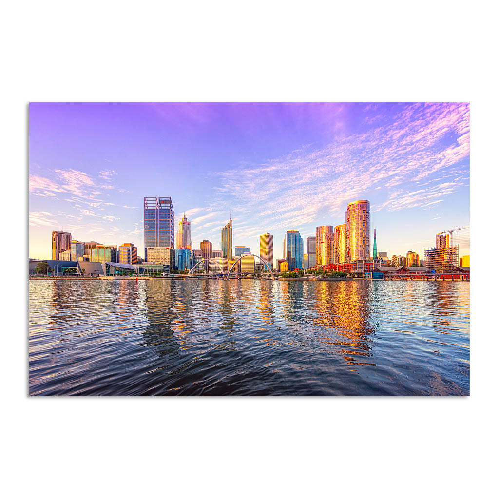 Perth city from the Swan River glowing in the afternoon sun, Western Australia