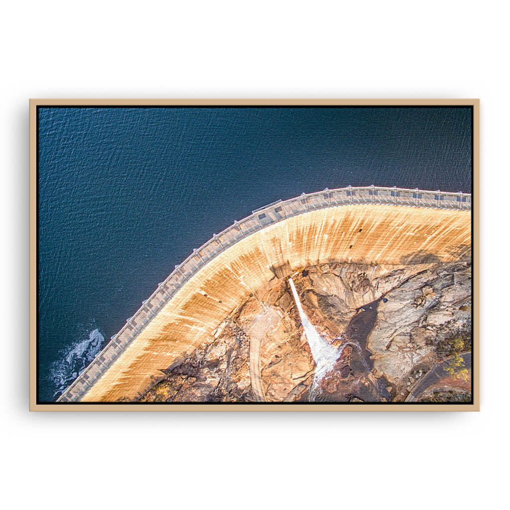 Aerial view of Collie Dam in Western Australia framed canvas in raw oak