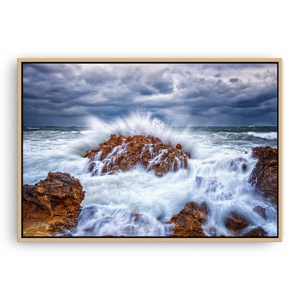 Stormy ocean in Perth, Western Australia framed canvas in raw oak