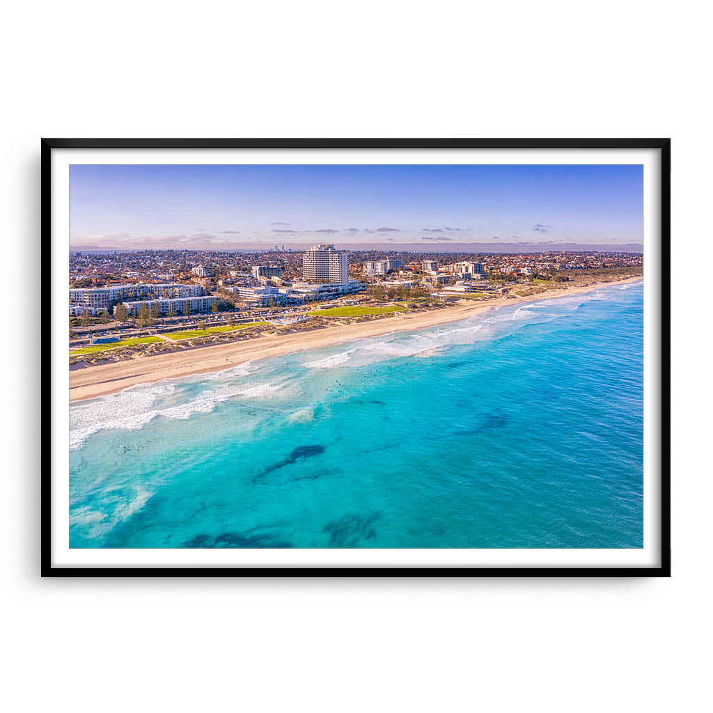 Aerial View of Scarborough Beach in Perth, Western Australia framed in black