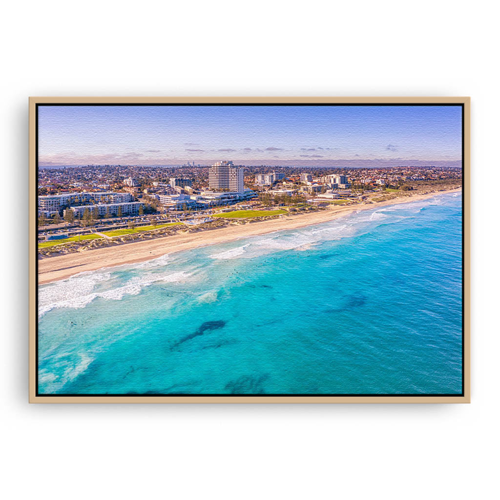Aerial View of Scarborough Beach in Perth, Western Australia framed canvas in raw oak