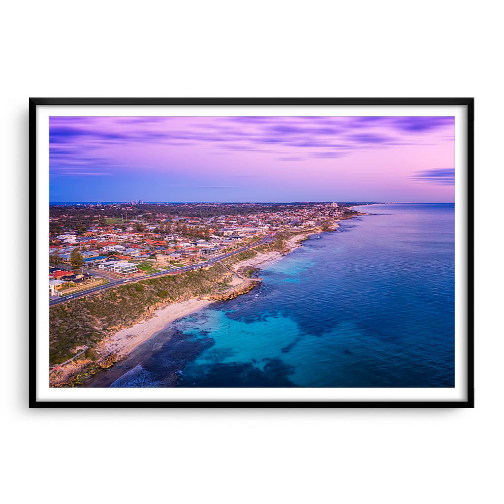 Twilight aerial view of North Beach in Perth, Western Australia framed in black