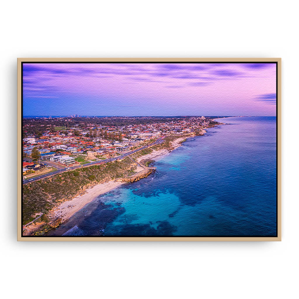 Twilight aerial view of North Beach in Perth, Western Australia framed canvas in raw oak